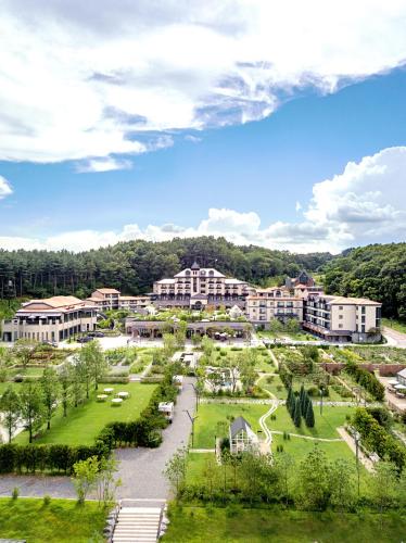 an aerial view of a park with buildings at Eden Paradise Hotel in Icheon