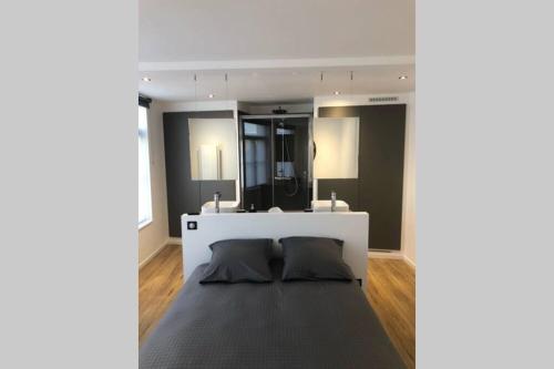 1 dormitorio con cama y espejo grande en Les chambres Berguoises Duplex calme au coeur de Bergues, en Bergues