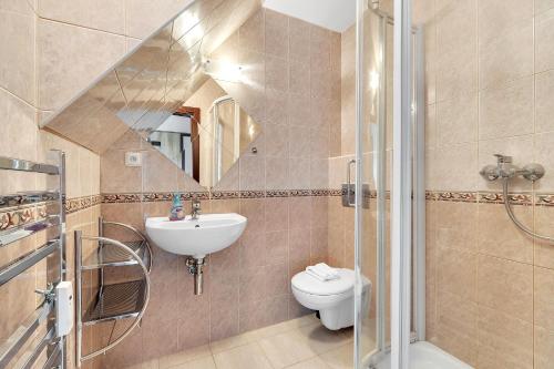 a bathroom with a sink and a toilet and a shower at Rezidence Rokytnice in Rokytnice nad Jizerou