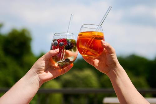 two people holding up glasses of drink at Schloss und Gut Liebenberg in Liebenberg