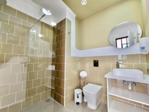W łazience znajduje się toaleta, umywalka i lustro. w obiekcie Atypicap Capsule Hostel w Puerto de la Cruz