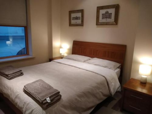キラーニーにあるSpacious Luxury Room, Close to Everything.のベッドルーム1室(白いベッド1台、ランプ2つ、窓付)