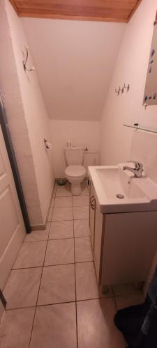 a small bathroom with a toilet and a sink at Studio Tranquillo avec piscine et salle de sport in Istres