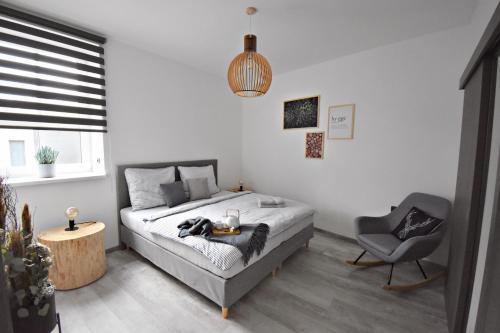 um quarto com uma cama e uma cadeira em Apartmány Ve stodole em Roudnice nad Labem