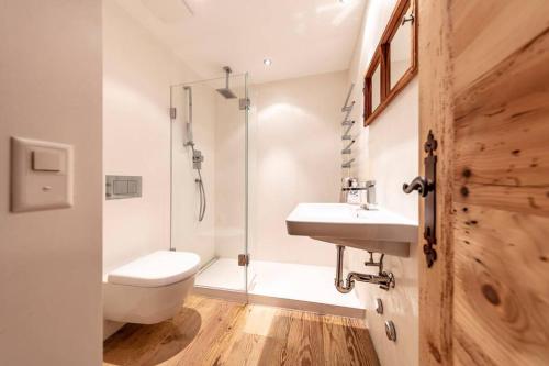 a bathroom with a shower and a toilet and a sink at Residence Au Reduit Sankt Moritz in St. Moritz