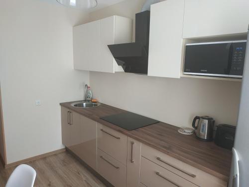a small kitchen with a sink and a microwave at Apartaments - Liepu iela in Liepāja