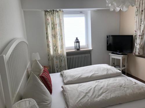 a bedroom with a bed and a television and a window at Auszeit am Eifelsteig in Daun