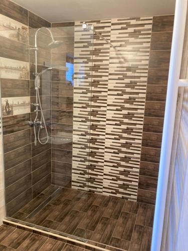 a bathroom with a shower with a glass door at Kiscsillag apartman in Harkány