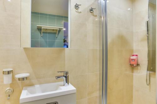 une salle de bain avec douche et lavabo dans l'établissement Beautiful Duplex Apt - 5 mins to Grand Rex, à Paris