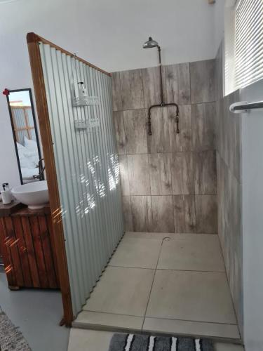a bathroom with a shower and a sink at DIE WAENHUIS in Swellendam