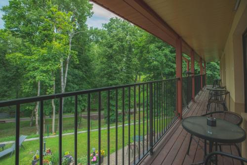 a balcony with a table and a view of a yard at Senasis Nemunas in Druskininkai