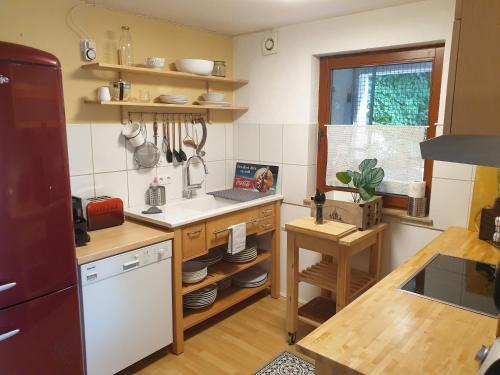 a kitchen with a sink and a counter at Studio 22 mit Terrasse, Kaminofen, Sauna in Neuffen