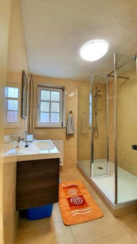 a bathroom with a glass shower and a sink at Zur Krone - Ferienhaus 2 in Widdershausen