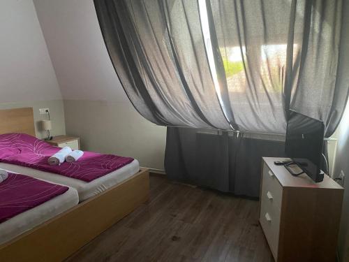 a bedroom with a bed and a tv and a window at Oázis Panzió in Gyenesdiás