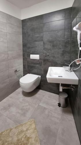 a bathroom with a white toilet and a sink at Novohradská in České Budějovice