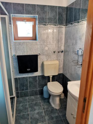 a small bathroom with a toilet and a sink at Éva Apartmanház 2 in Csopak