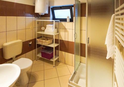 a bathroom with a toilet and a television in it at Apartman Martin in Senj