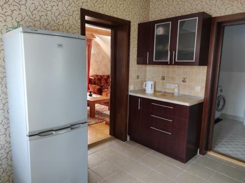 a kitchen with a white refrigerator in a room at Apartamentai Tigro guolis Rusnėje in Rusnė