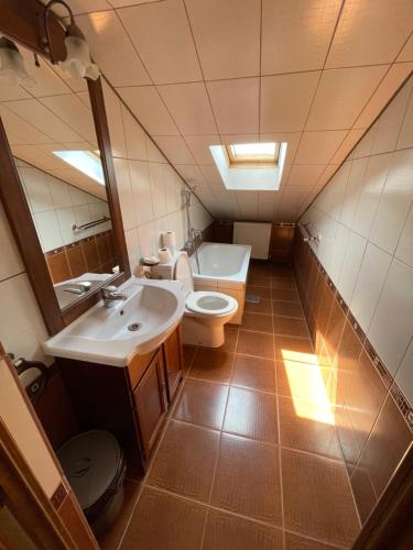 a bathroom with a toilet and a sink and a mirror at Pensiunea Olympia Nădab in Nădab