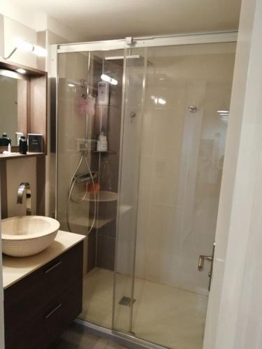 une salle de bain avec une douche en verre et un lavabo dans l'établissement villa les lauriers, à Porto-Vecchio