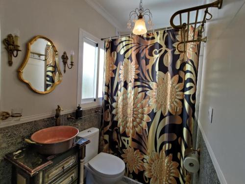 a bathroom with a shower curtain and a toilet at Casa Ancladero Room W big balcony and lovely view in Fuengirola