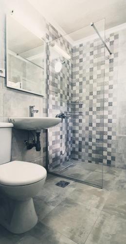 a bathroom with a toilet and a sink and a shower at Apartmani Kaldrma in Nov Dojran