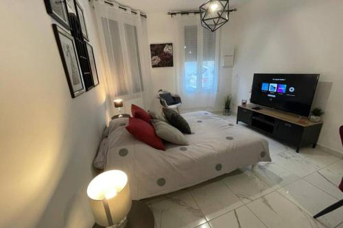 a bedroom with a large bed and a flat screen tv at Le Dolce Vita - Centre historique, proche toutes commodités, stationnement aisé, Wifi-Netflix in Niort