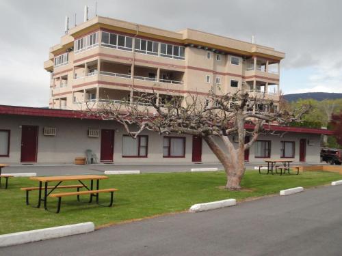 a building with a picnic table and a tree at Apple Tree Inn in Penticton
