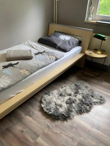 um quarto com uma cama com um tapete no chão em Schöne kleine Wohnung em Cottbus