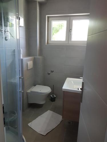 La salle de bains est pourvue de toilettes, d'un lavabo et d'une douche. dans l'établissement Bed & Breakfast Dora, à Rovanjska