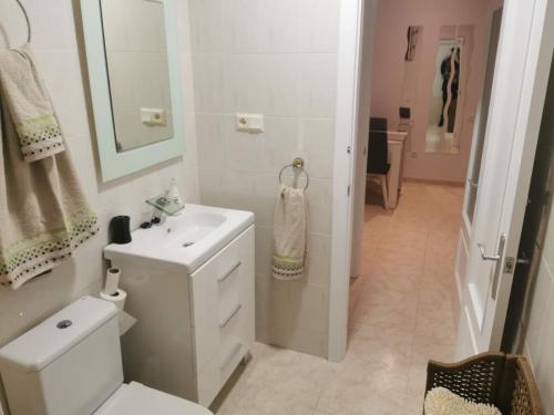 uma casa de banho com um WC branco e um lavatório. em Apartamentos el rebalaje em Roquetas de Mar