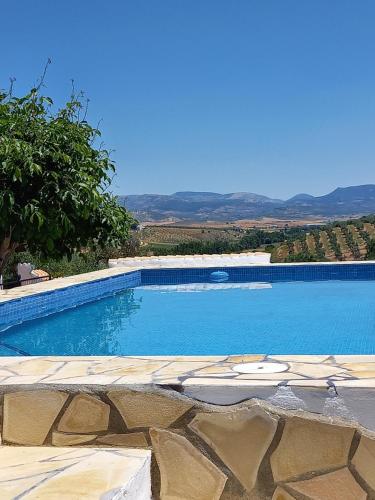 a large swimming pool with a stone wall at Casa Moya in Alcalá la Real