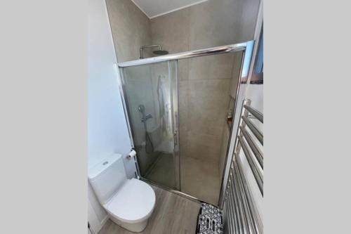 een badkamer met een toilet en een douche bij Blue Infinity, Aquamarine apartment in Funchal