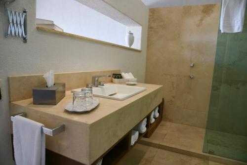 een badkamer met een wastafel en een douche bij La Reserva Chapala in Ajijic