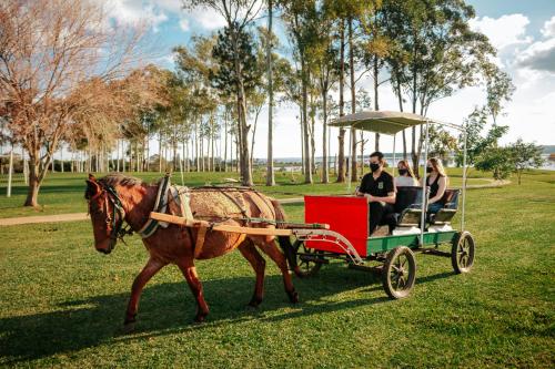 a horse pulling a cart with two people at Awa Resort Hotel in Encarnación