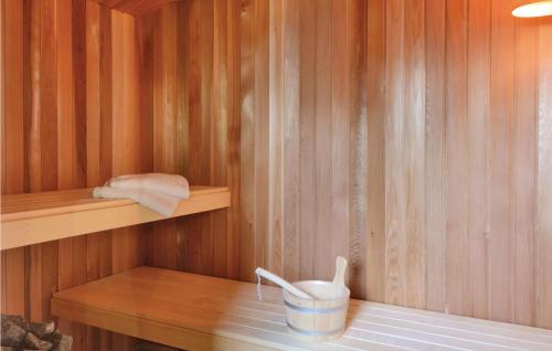 ダゲビュルにあるLovely Home In Dagebll With Saunaの木製パネルの壁と木製の棚があるサウナ