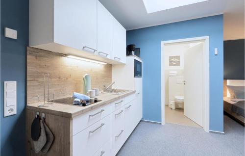 ダゲビュルにあるLovely Apartment In Dagebll With Kitchenの青い壁のバスルーム(シンク2台付)