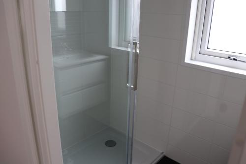 um chuveiro com uma porta de vidro ao lado de um lavatório em Chalet Earnewald em Earnewâld