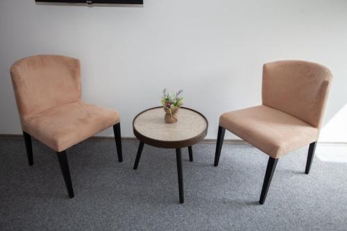 two chairs and a table with a vase on it at Vinarija "Đelmo" apartments in Trebinje