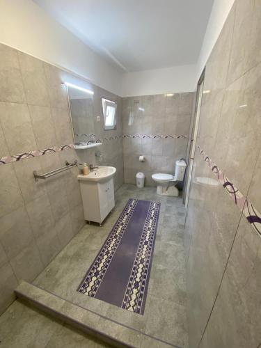 a bathroom with a shower and a sink and a toilet at Houses by the sea in Vadu