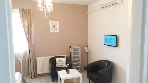 a living room with a black chair and a table at Éden Villa Apartmanház in Balatonfüred