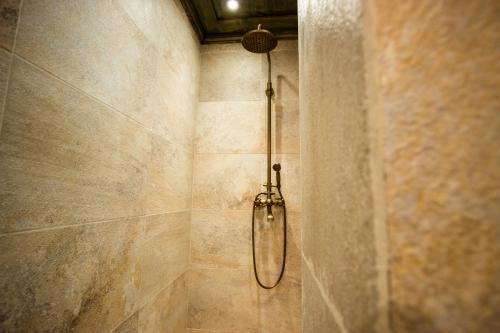 a bathroom with a shower with a glass door at Vila Terrasse in Košice
