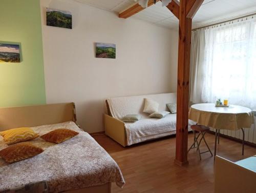 a bedroom with two beds and a couch and a table at Domek wypoczynkowy Szczyrk Centrum - Twój Domek in Szczyrk