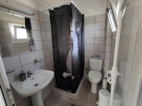 een badkamer met een zwart douchegordijn en een toilet bij Casa De Rosa Apartments & Studios in Svoronata