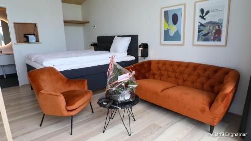 uma sala de estar com um sofá e uma cama em Mølin Guesthouse em Skálavík