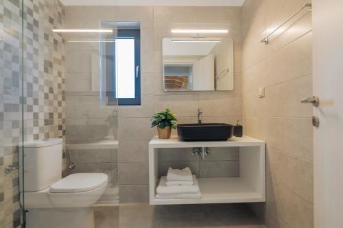 a bathroom with a toilet and a sink and a mirror at Villa Plumeria in Tsilivi
