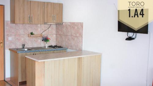 a kitchen with a sink and a counter top at Apartments TORO Pag in Pag
