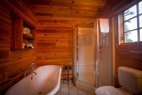 a bathroom with a bath tub and a shower at Paradise Lodge and Bungalows in Lake Louise