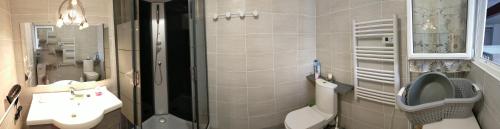La salle de bains est pourvue de toilettes, d'un lavabo et d'un miroir. dans l'établissement Gîte du Moulin, à Gamarde-les-Bains