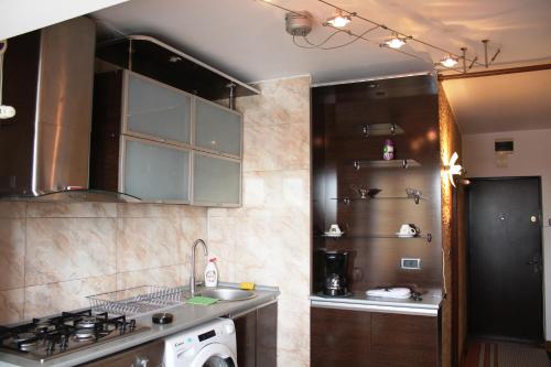 una cocina con fregadero y estufa horno superior en Alba Iulia square Premium Studio 1, en Bucarest